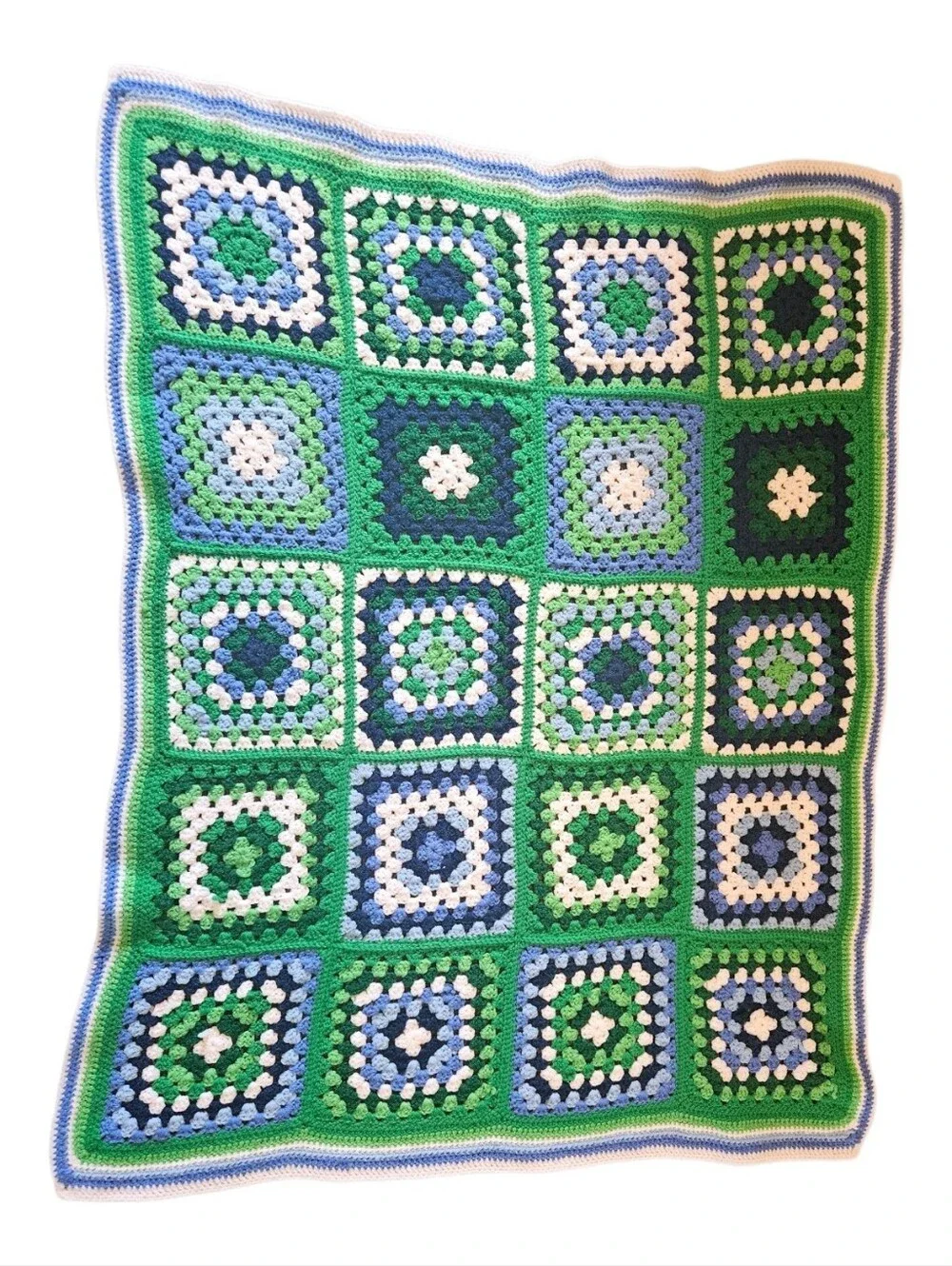 Green White Blue Crochet Granny Square Afghan Lap Baby Blanket Throw 43